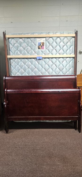 Stained Wood Sleigh Bed with Mattress