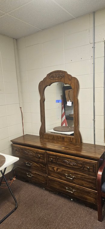 Wood Six-Drawer Dresser with Attached Mirror
