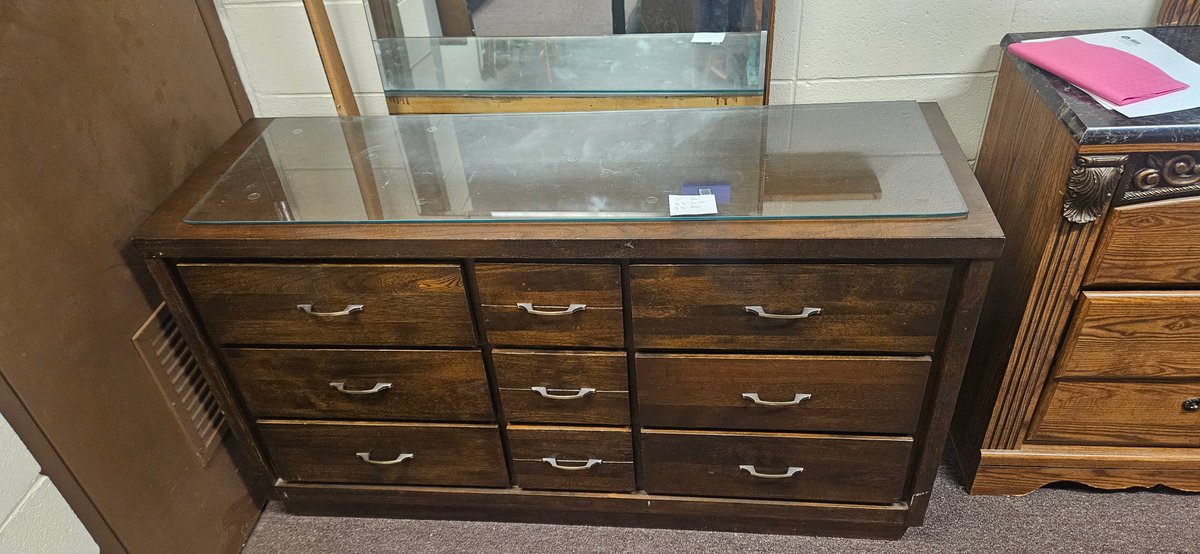 Dark Wood Nine-Drawer Dresser with Mirror