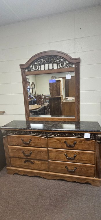 Six-Drawer Dresser with Arched Mirror and Faux Marble Top