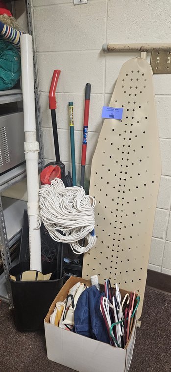 Metal Ironing Board, Electric Iron, Vacuum, and Cleaning Supplies