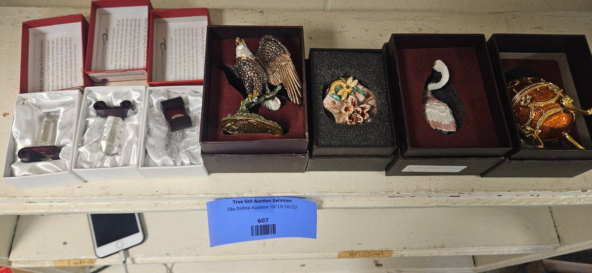 Enameled Jeweled Trinket Boxes, Figurines, and Crystal Prisms