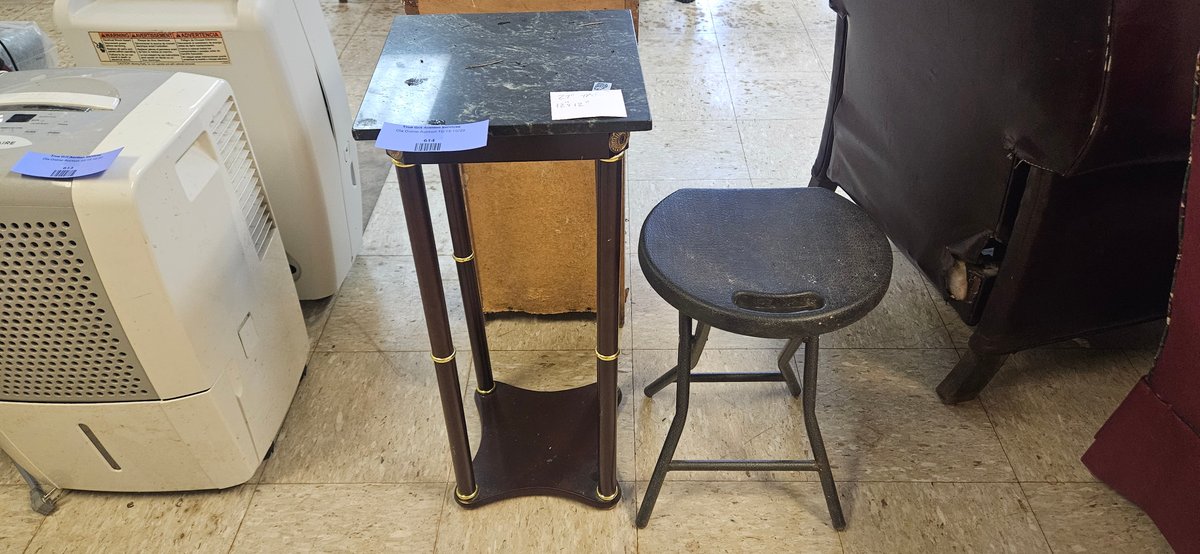 Faux Marble-Top Pedestal Stand and Folding Stool