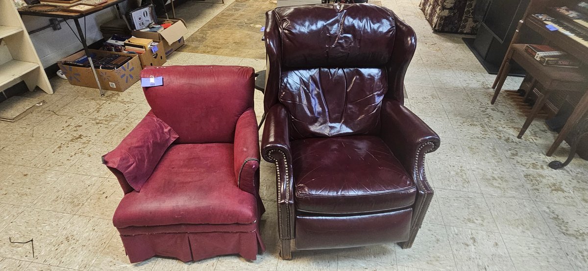 Burgundy Leather Wingback Recliner and Fabric Armchair