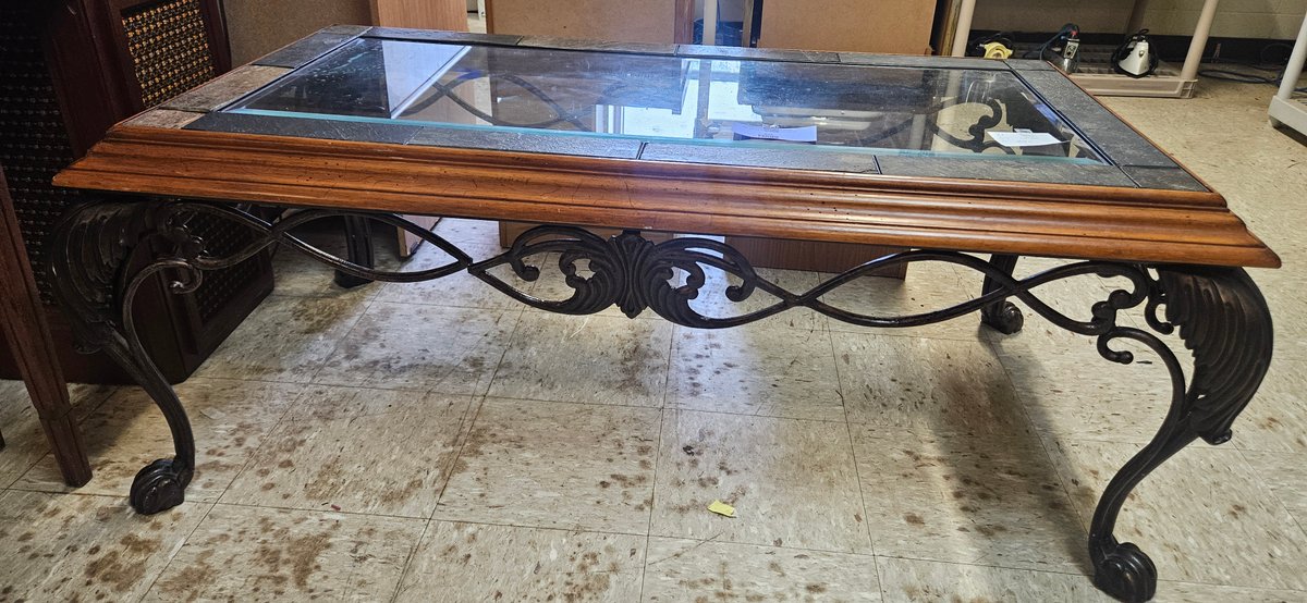 Tile and Glass Top Coffee Table with Metal Scroll Base