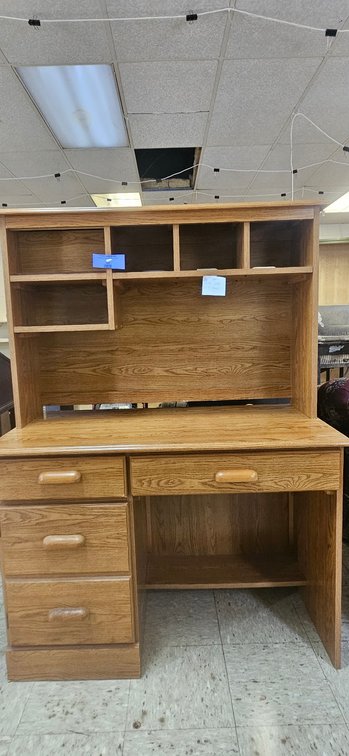 Oak Finish Desk with Upper Hutch and Drawers