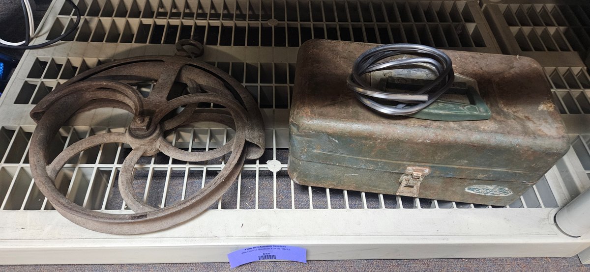 Cast Iron Pulley, Metal Tackle Box, and Trim