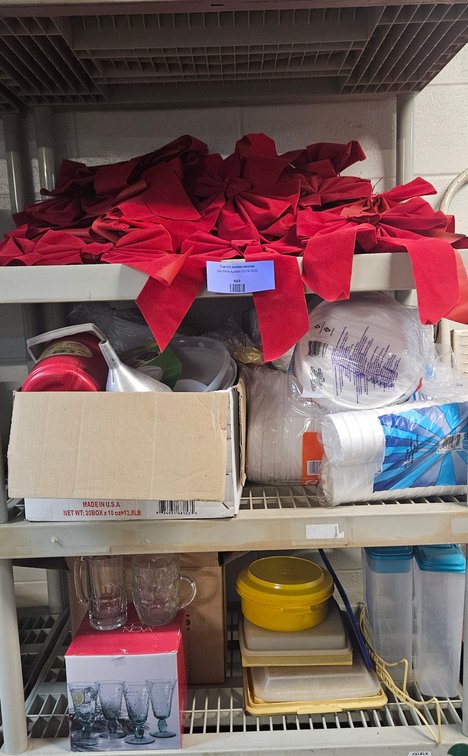 Glassware, Kitchen Storage, Holiday Bows, and Household Items
