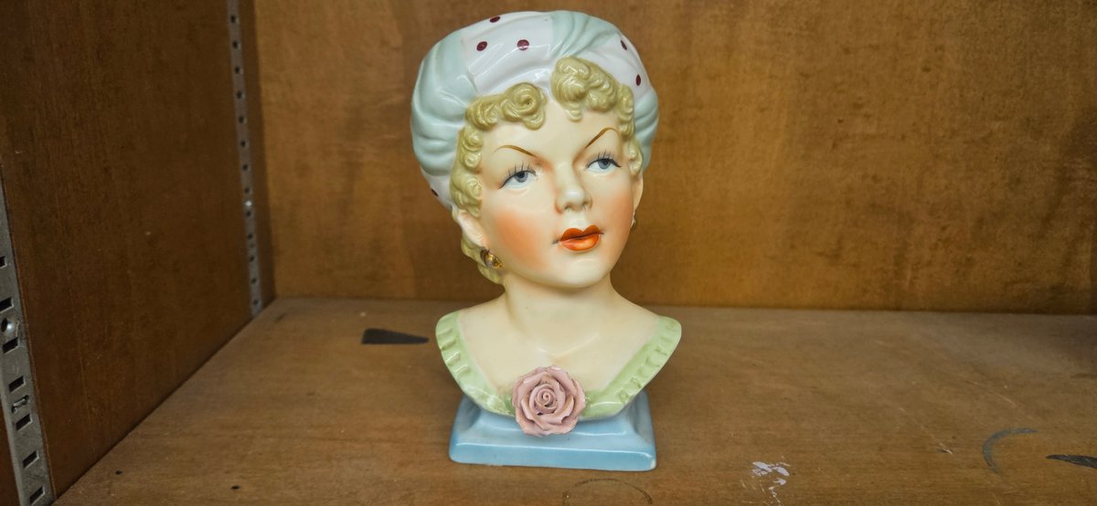Ceramic Lady Head Vase with Polka-Dot Headwrap