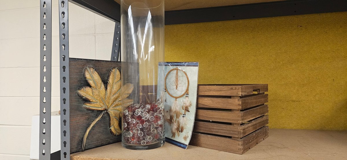 Leaf Wall Plaque, Glass Vase, Dreamcatcher, and Wooden Crate