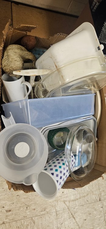 Kitchenware, Plastic Containers, and Resin Sloth Figurine