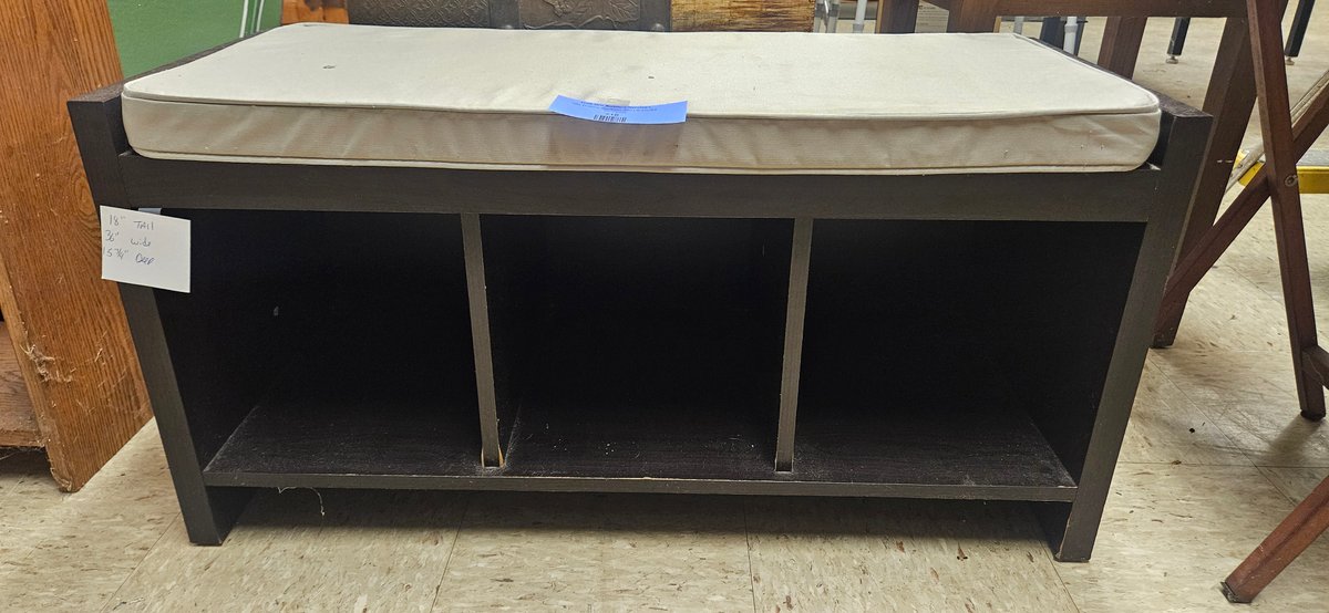 Dark Brown Three-Cubby Storage Bench with Cushion