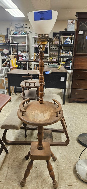 Wooden Floor Lamp with Integrated Table and Glass Shade