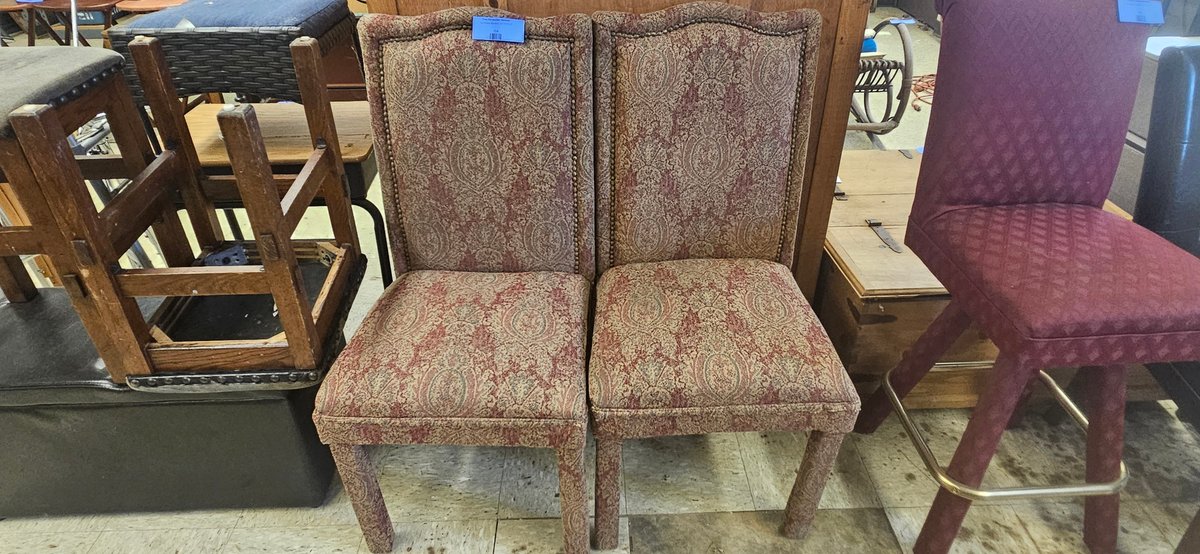 Pair of Tapestry Upholstered Dining Chairs with Nailhead Trim
