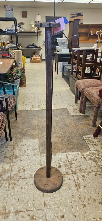 Wooden Cue Rack, Torchiere Floor Lamp, and Fishing Rod