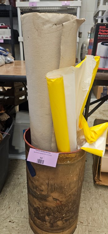 Cylindrical Stand with Battle Scene Print and Rolled Papers