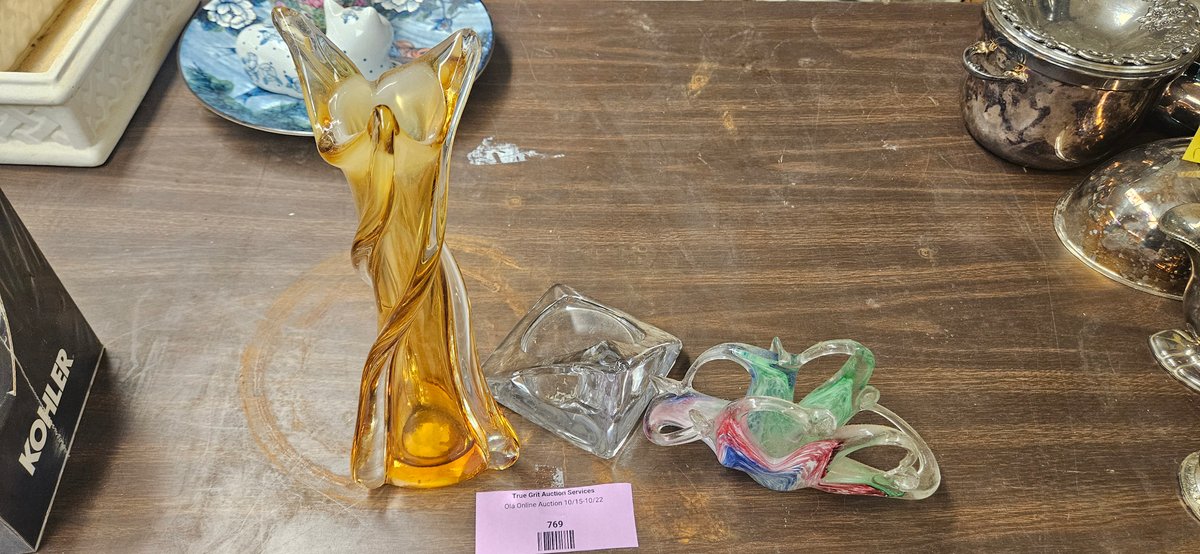 Art Glass Vase, Swirled Glass Bowl, and Clear Glass Dish