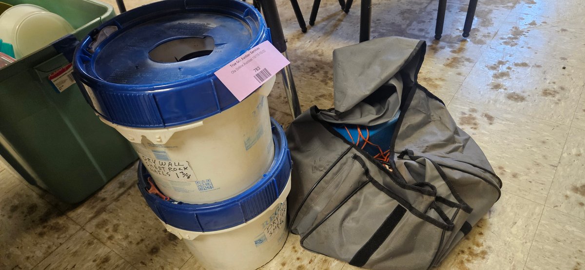 Drywall Nails in Buckets and Tote Bag with Cables and Tools