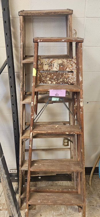 Two Wooden Stepladders with Fold-Out Pail Shelves