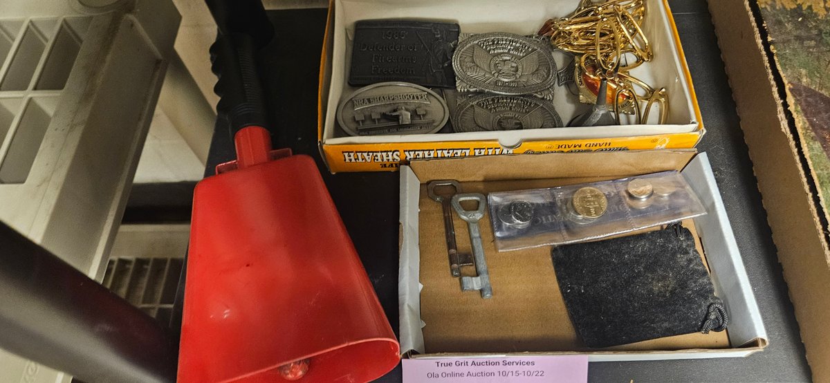 Red Metal Cowbell, Belt Buckles, Keys, and More