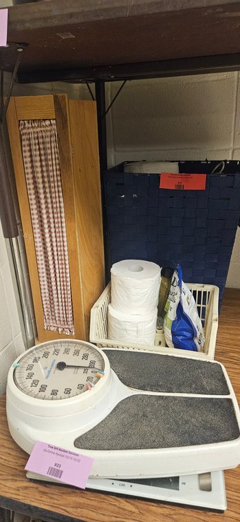Bathroom Scales and Basket of Craft Supplies