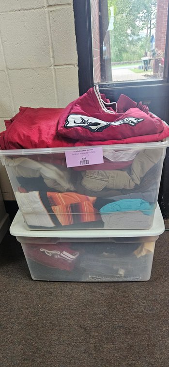 Athletic Apparel, Pants, and Two Plastic Storage Totes