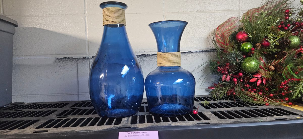 Cobalt Blue Glass Vases with Twine-Wrapped Necks