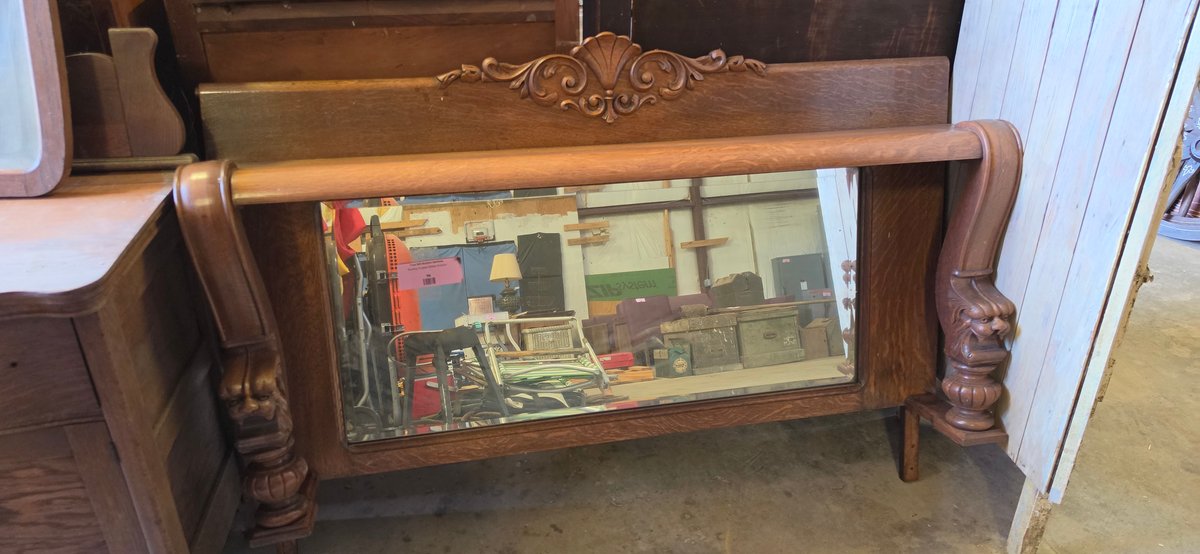 Carved Oak Fireplace Mantel Shelf with Beveled Mirror