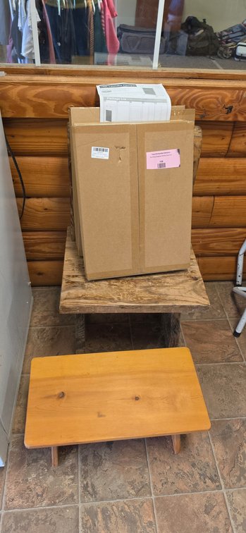 100L Laundry Hamper, Wood Footstool, and Rustic Wood Chair
