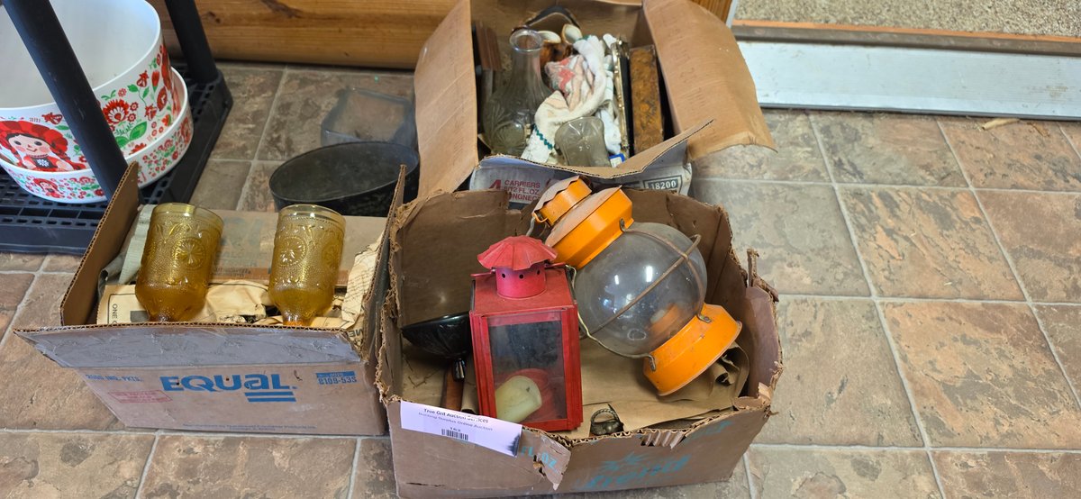 Lanterns, Amber Pressed Glass Goblets, Decanter, and More