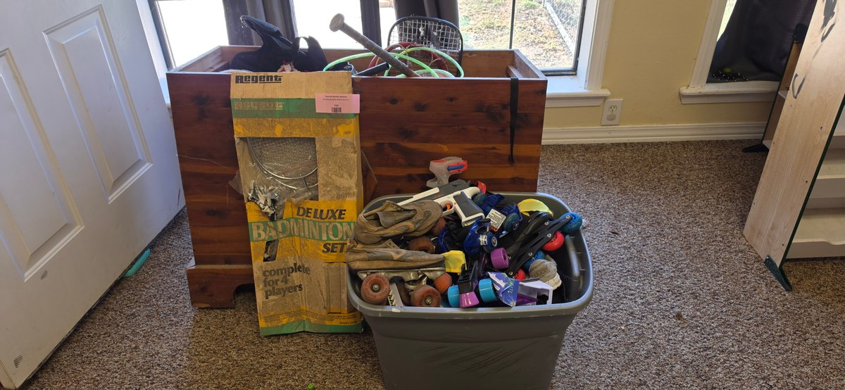 Sports Equipment, Regent Badminton Set, Roller Skates, and Wooden Chest