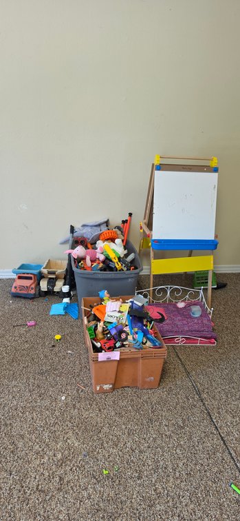 Children's Easel, Doll Bed, Storage Bins, and Toys