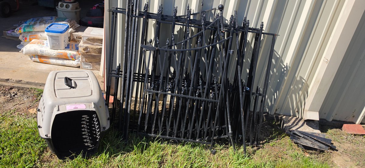 Black Metal Fence Panels, Gate, and Pet Carrier