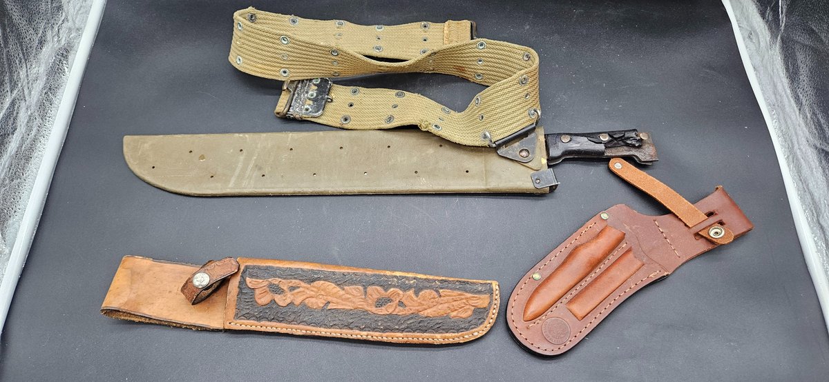 Machete with Scabbard, Web Belt, and Leather Knife Sheaths