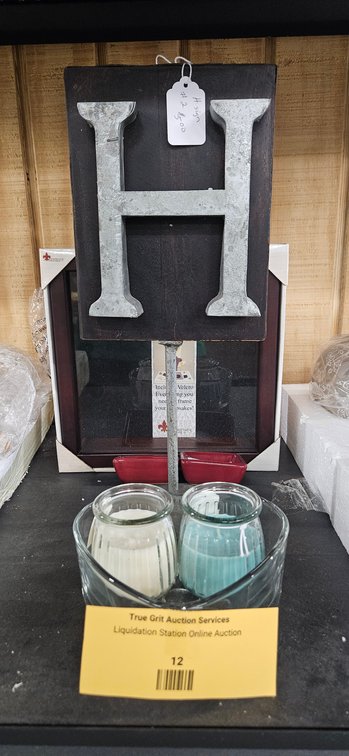 Tabletop Letter 'H' Sign, Shadow Box Frame, Candles, and Dishes
