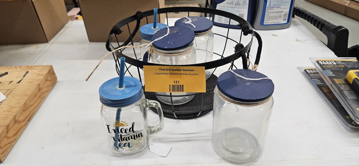 Wire Caddy with Glass Drinking Mugs and Lidded Jars