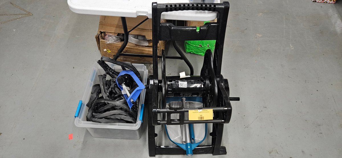 Hose Reel Cart, Pool Skimmer, Sprinkler, and Storage Tote