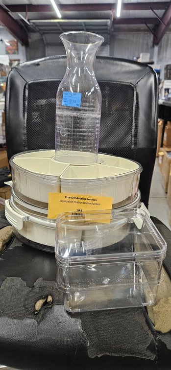 Plastic Food Storage Containers, Divided Trays, and Carafe