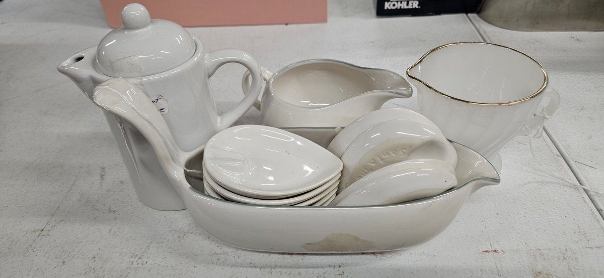 White Ceramic and Milk Glass Teapot, Creamers, and Dishes