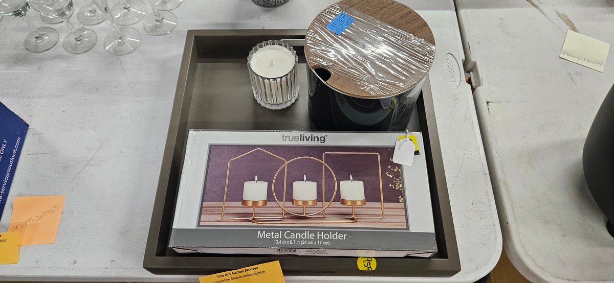 Wooden Tray, Metal Candle Holder, Glass Candle, and Canister