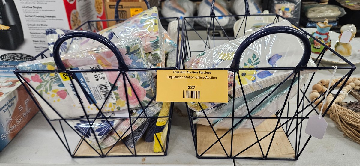 Two Wire Caddies with Paper Napkins and Plates