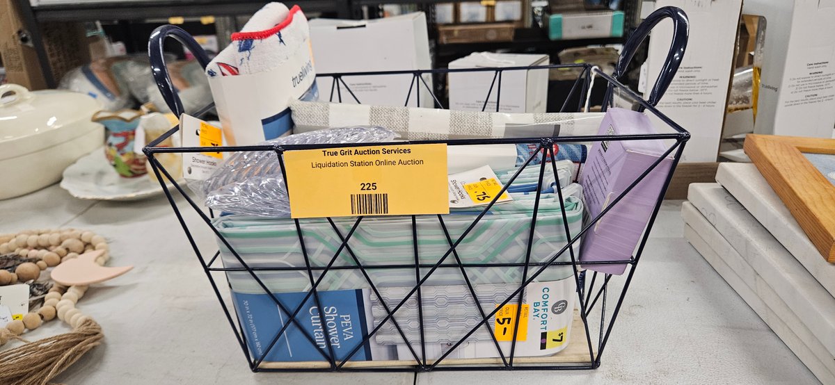 Wire Basket with Shower Curtain, Linens, and More