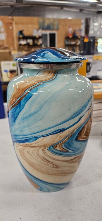 Marbled Blue and Brown Cremation Urn with Lid