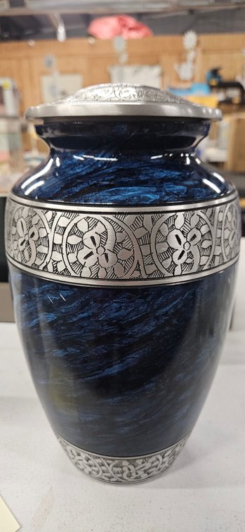Blue Marbled Metal Cremation Urn with Engraved Bands