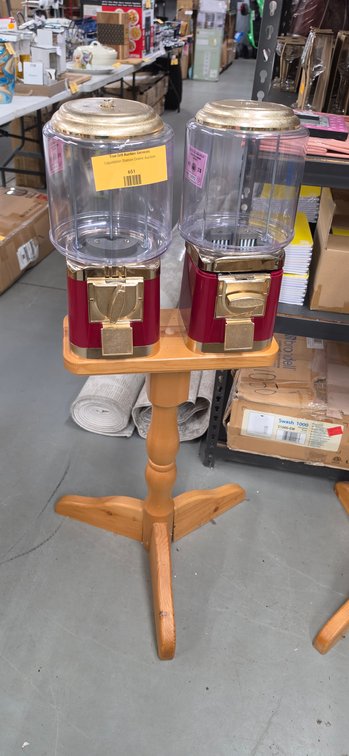 Pair of Candy Vending Machines on Wooden Pedestal Stand