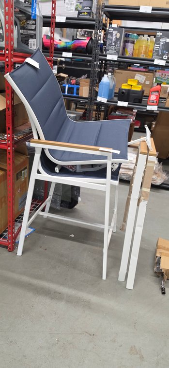 White Metal Bar Stools with Blue Sling Seats