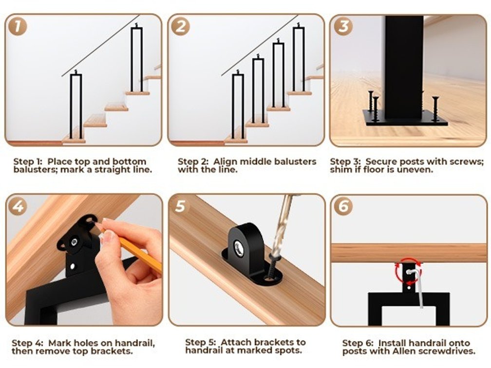Black Metal Stair Railing Posts with Base Plates