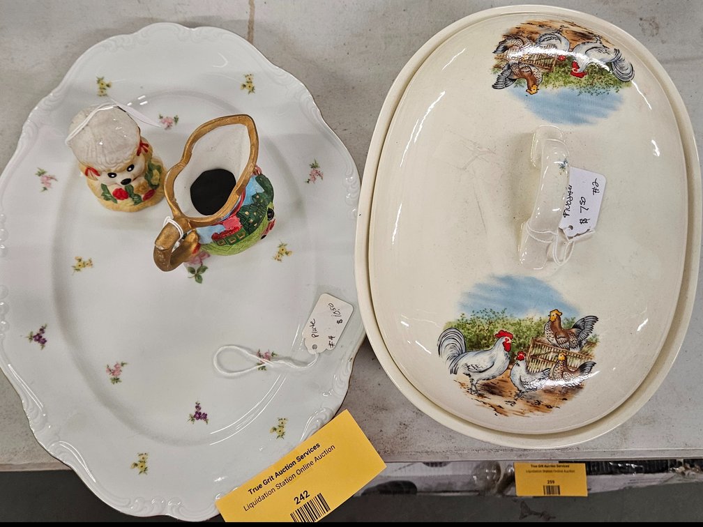 Porcelain Platter, Miniature Creamer, and Figurine