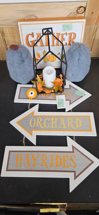 Autumn Wood Signs, Plush Pumpkins, and Metal Lantern