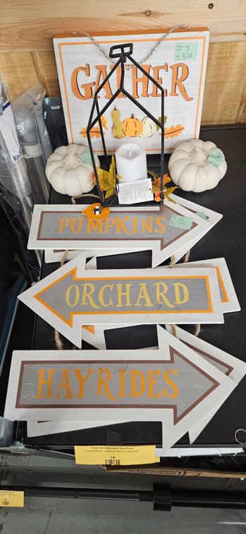Fall Decor Hanging Signs, Metal Lantern, and Faux Pumpkins